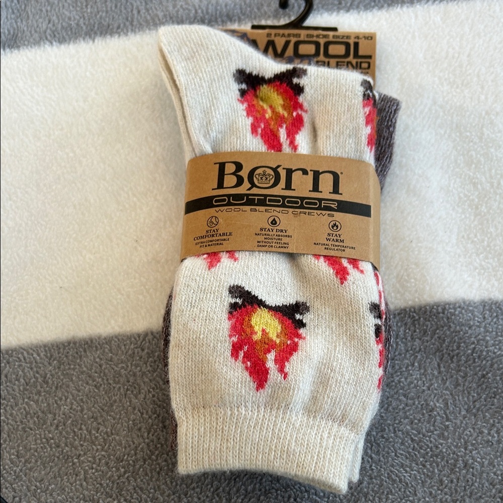 Born Wool-Blend Crew Socks - Cream with Red and Yellow Design